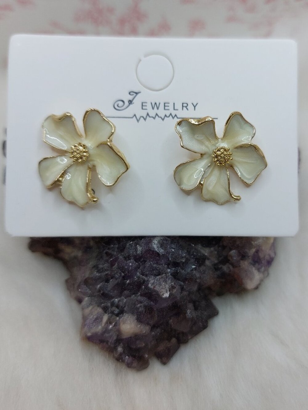 S925 Stud Jasmine & Magnolia Flower White Enamel Gold Tone Stud Earrings